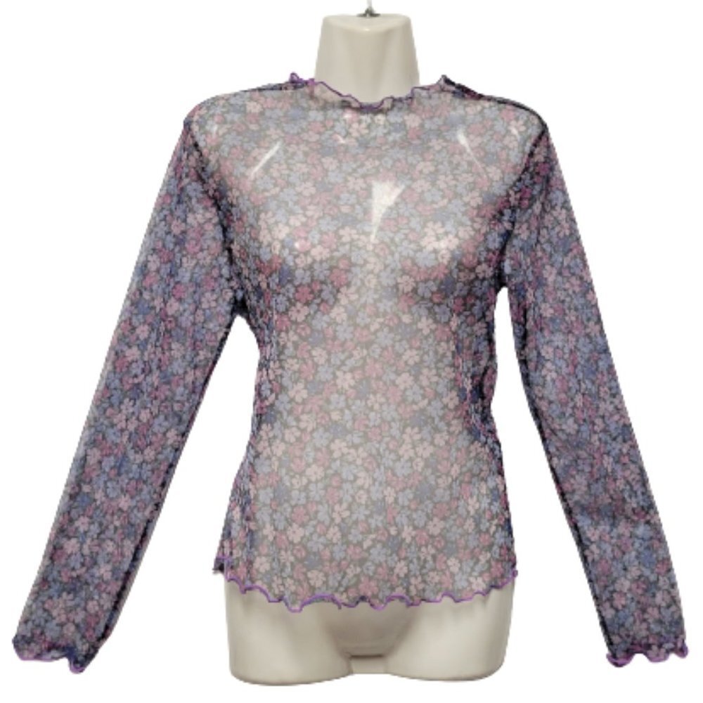 Sheer Purple High Neck Long Sleeve Floral Print Blouse Top Size L
